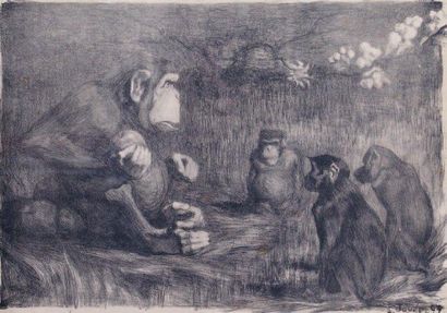 Paul JOUVE - 1878-1973 LA GUENON ET SES PETITS, 1897 Lithographie. 24 x 31