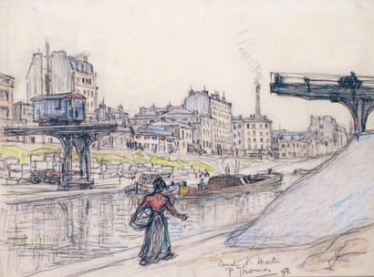 Paul THOMAS - 1868-1910 PONT COULISSANT SUR LE CANAL SAINT MARTIN, 1898 Pastel et...
