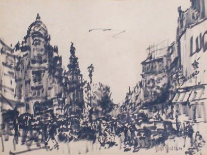 Merio AMEGLIO - 1897-1970, PARIS LA PLACE DE CLICHY Dessin au feutre signé du cachet...