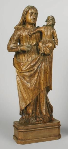 null Vierge à l' enfant en bois naturel sculpté. Epoque XVIIIème. H: 37 cm (main...
