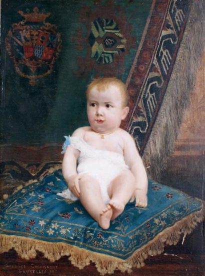 Georges CROEGAERT - 1848-1923 LE BÉBÉ PRINCIER, BRUXELLES 1877. Huile sur panneau...