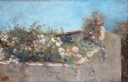 Henri CAUCHOIS - 1850-1911 JARDIN FLEURI À DOMONT. Huile sur toile signée et située...
