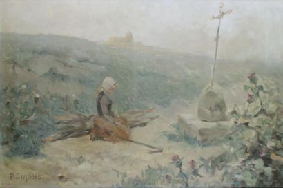 Paul SIMONS - 1865-1932 LA PRIÈRE. Huile sur toile signée en bas à gauche. 54 x ...