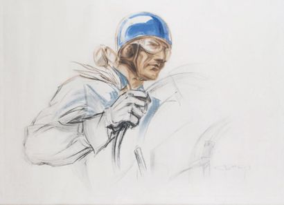 Geo HAM - 1900-1972 LE PILOTE ROBERT BENOIST AU VOLANT DE SA BUGATTI. Gravure.