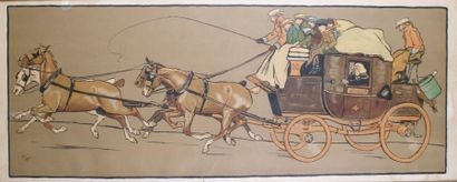 Cécil ALDIN -1870-1935 LA DILIGENCE. Lithographie en couleurs. (Petites déchirures)....