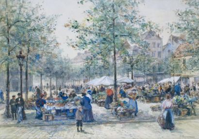 Alphonse PECQUEREAU - 1831-1910 LA PLACE DU MARCHÉ. Aquarelle signée en bas à droite....