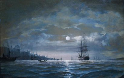 Edward HOYER - actif entre 1870 et 1890 ISTANBUL ET LE BOSPHORE AU CLAIR DE LUNE...