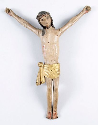 ART POPULAIRE, XVIIIe-XIXe siècle CHRIST en bois polychrome, perizonium doré, couronne...