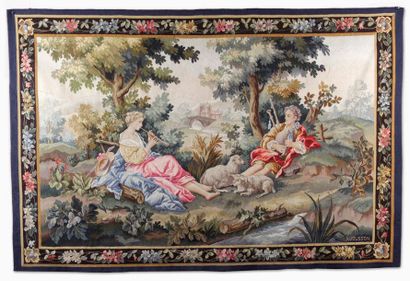 TAPISSERIE D'AUBUSSON dans le goût du XVIIIe siècle. LA LEÇON DE FLUTE
100 x 150...