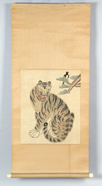 null PEINTURE de type Minhwa, à l'encre de couleurs sur papier, représentant un tigre...