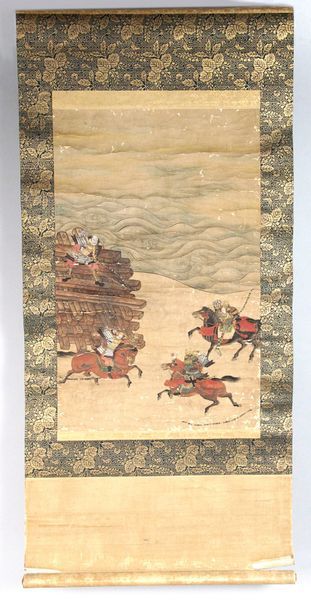 null KAKEMONO en couleurs et rehauts or sur papier, représentant trois samouraïs...