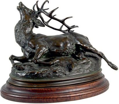 Louis VIDAL - 1831-1892 LE CERF BLESSÉ
Bronze à patine brune signé «Vidal l'Aveugle»,...