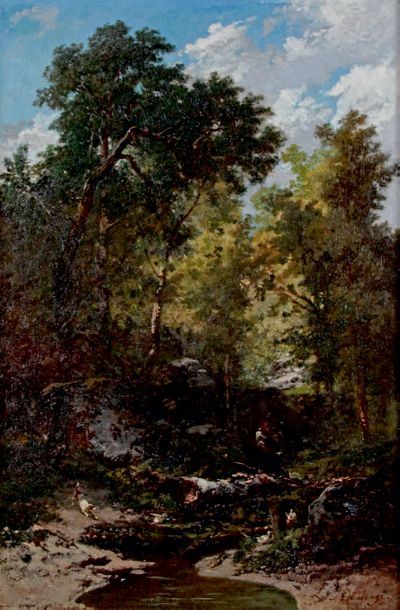 Louis BOULANGÉ - 1812-1878 BÛCHERONS EN FORÊT
Huile sur toile signée en bas à droite.
55...