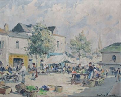 Paul Émile COMTE - 1877-1950 PLACE DU MARCHÉ ANIMÉ
Huile sur toile signée en bas...