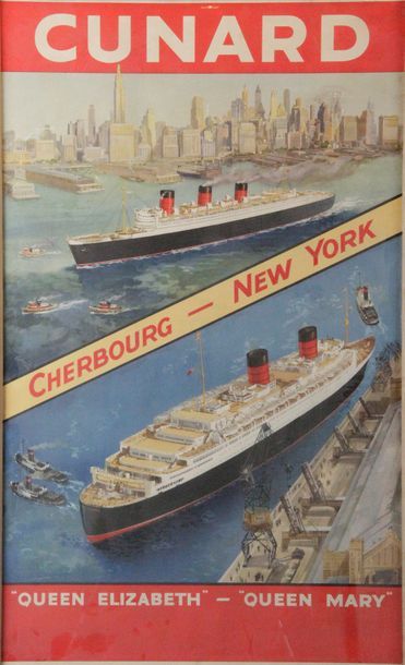 null CUNARD: CHERBOURG - NEW-YORK
Affiche représentant le Queen Mary et le Queen...