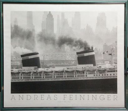 Andreas FEININGER - 1906-1999 QUEEN ELIZABETH ET LE CRYSLER BULDING À NEW YORK Affiche...