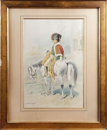 Eugène CHAPERON (1857-1938) Le Hussard Dessin à la plume et aquarelle, signée en...