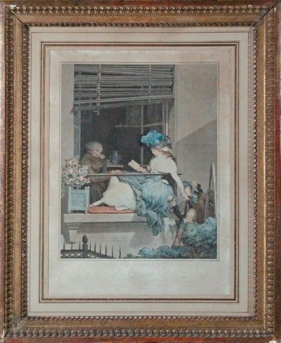 Philibert-Louis DEBUCOURT - 1755-1832 LA CROISÉE Aquatinte en couleurs d'époque début...