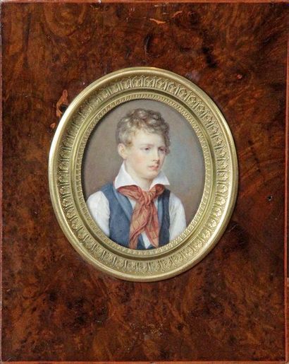 André Léon MANSION - 1785- ca 1840 PORTRAIT DE JEUNE GARÇON AU FOULARD ROUGE Miniature...