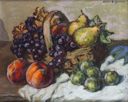 Ludovic GIGNOUX - né en 1882 
CORBEILLE DE FRUITS
Huile sur panneau signée en haut...