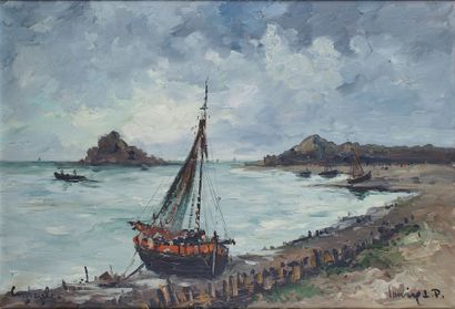 Robert LAVOINE - 1916-1999 
BATEAU À CANCALE
Huile sur panneau marouflée sur toile...