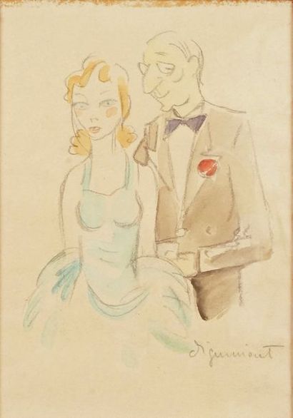 André DIGNIMONT - 1891-1965 
COUPLE EN TENUE DE SOIRÉE
Aquarelle signée en bas à...