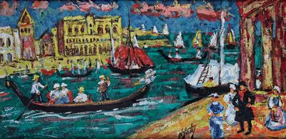 Henri d'ANTY - 1910-1998 
VENISE, ANIMATION SUR LE GRAND CANAL
Huile sur toile signée...