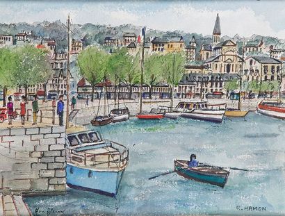 Roland HAMON - 1909-1987 
LE PORT DE HONFLEUR
Aquarelle signée en bas à droite.
27...