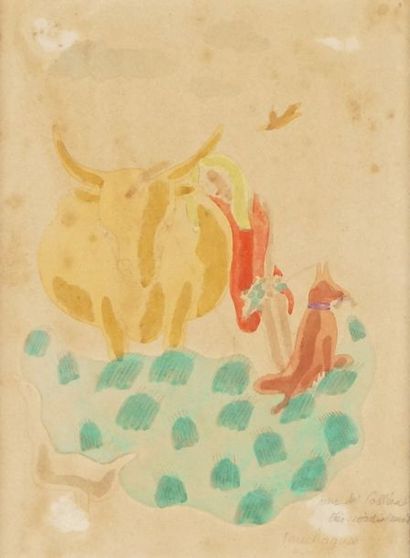 Louis TOUCHAGUES - 1893-1974 
LA VACHE, LE RENARD ET L'OISEAU
Aquarelle signée en...