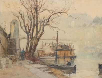 Eugène VILLON - 1879-1942 
QUAI DU RHÔNE, 1927
Aquarelle signée et datée en bas à...