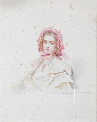Madeleine LEMAIRE - 1845-1928 
PORTRAIT DE JEUNE FILLE AU FICHU ROSE
Aquarelle signée...