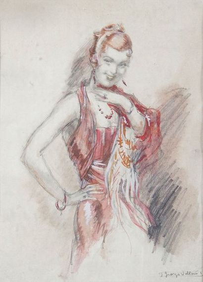 Georges VILLA - 1883-1965 
ÉLÉGANTE À LA ROBE ROUGE, vers 1920
Fusain et aquarelle...