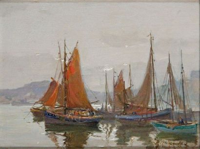 René COULON - né en 1882 
CHERBOURG, LE BASSIN DU COMMERCE DEVANT LA MONTAGNE DU...