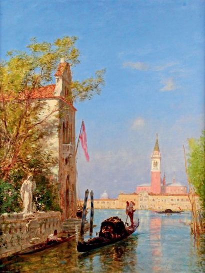 Félix ZIEM - 1821-1911 GONDOLE SUR UN CANAL DEVANT SAN GIORGIO MAGGIORE (Venise)...