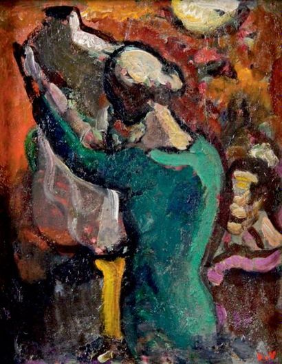 Louis VALTAT - 1869-1952 COUTURIÈRE EN VERT À SON MANNEQUIN
Huile sur panneau signée...