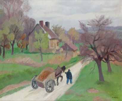 Jules ZINGG - 1882-1942 CHARRETTE EN LORRAINE
Huile sur toile signée en bas à droite.
60...