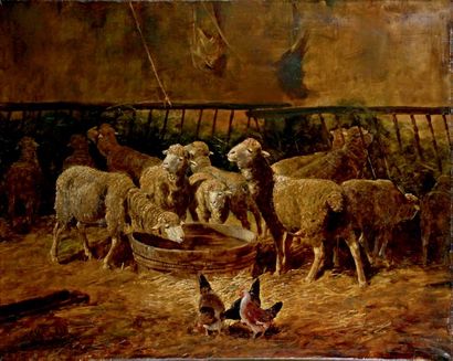 Charles CLAIR - 1860-1930 MOUTONS S'ABREUVANT DANS L'ÉTABLE
Huile sur toile signée...