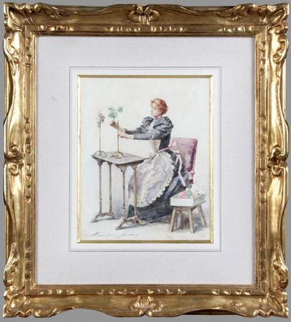 Madeleine LEMAIRE - 1845-1928 
LA CONFECTION DES BOUQUETS Aquarelle signée en bas...