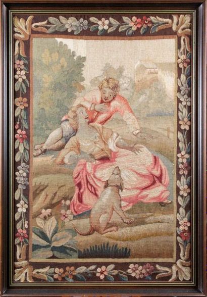 Aubusson, fin du XIXe siècle 
TAPISSERIE en laine figurant une scène galante d'après...