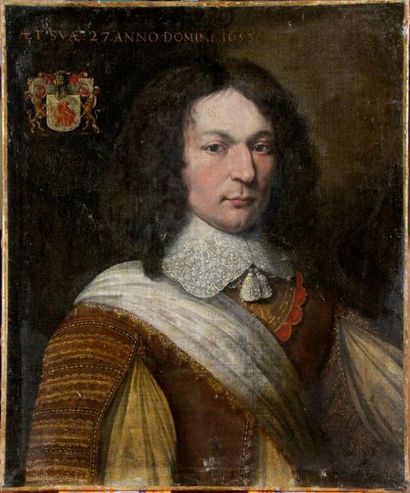 ÉCOLE FRANÇAISE, 1653 
PORTRAIT D'HOMME À L'ÉCHARPE BLANCHE ÂGÉ DE 27 ANS Annoté...