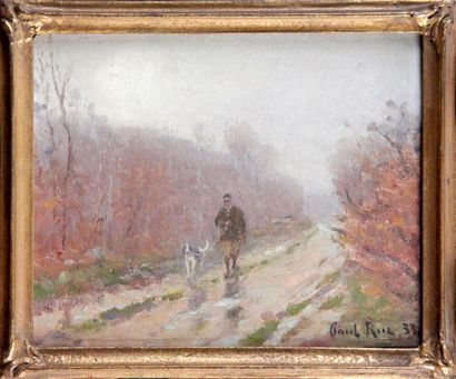 Paul RUE, XIXe-XXe siècle 
CHASSEUR ET SON CHIEN, 1933
Huile sur carton toilé signée...