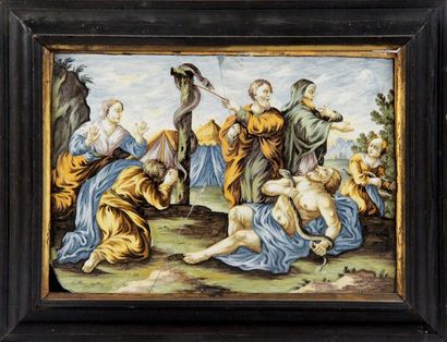 CASTELLI, XVIIe siècle MOÏSE ET LE SERPENT D'AIRAIN Plaque en faïence émaillée. (Accident...