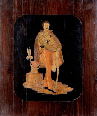 ALSACE, XIXe siècle PORTRAIT D'OFFICIER en marqueterie de bois indigène sur fond...