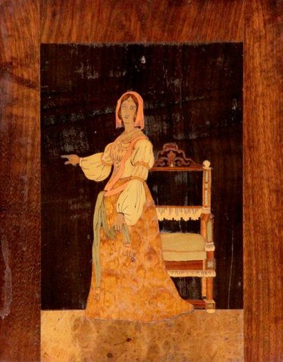 ALSACE, XIXe siècle PORTRAIT DE FEMME en marqueterie de bois indigène sur fond de...