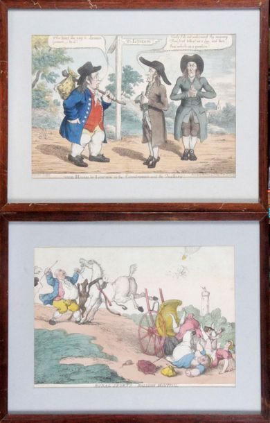 null SUITE DE QUATRE LITHOGRAPHIES ANGLAISES aquarellées d'époque début XIXe siècle...
