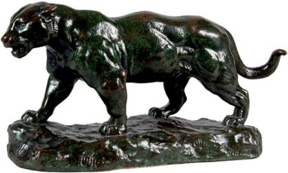 Antoine-Louis BARYE - 1796-1875 JAGUAR QUI MARCHE N° 1, SUR UNE TERRASSE NATURALISTE
Bronze...