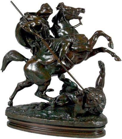 Antoine-Louis BARYE - 1796-1875 CAVALIER ARABE TUANT UN LION, vers 1860
Bronze à...