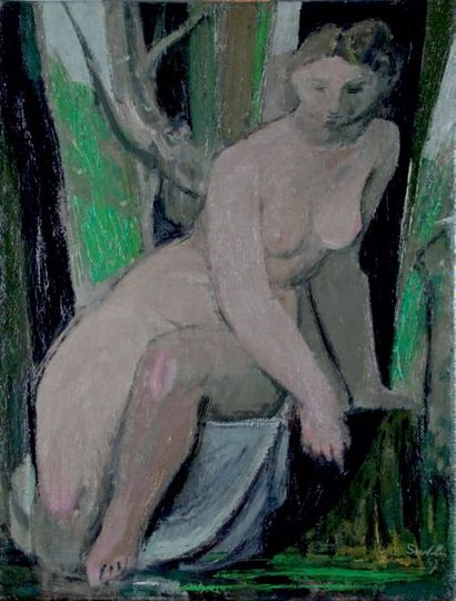 Jean SOUVERBIE - 1891-1981 BAIGNEUSE, 1947
Huile sur toile signée et datée en bas...