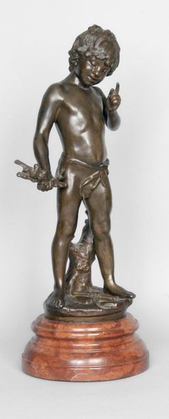 Auguste MOREAU - 1834-1917 ENFANT AUX OISEAUX
Bronze à patine brune signé, fonte...