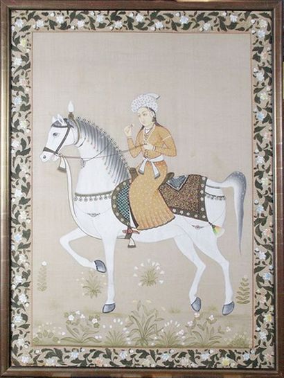IRAN ou INDE LES CAVALIERS Peinture sur soie en pendant.
114 x 85